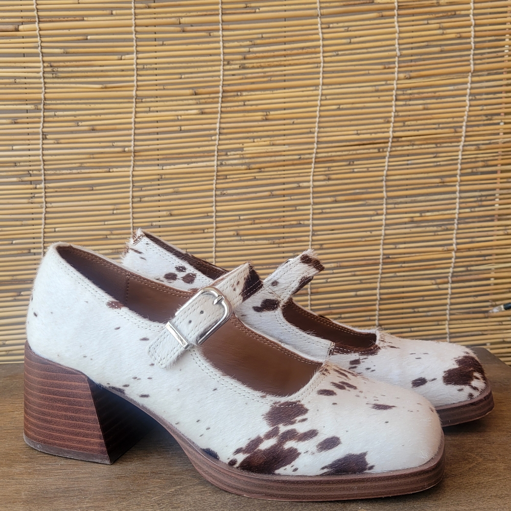 Women's White and Brown Cow Hide Mary Jane Heels